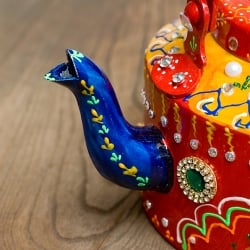 インドのデコレーションやかん - 赤×黄グリーンストーン - サブ4
