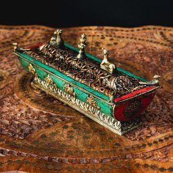 ターコイズ装飾 チベット香用 蓋付きお香立て 【約21cm×約7.5cm】