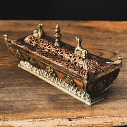 銅造り チベット香用 蓋付きお香立て 吉祥文様 【約21cm×約7.5cm】