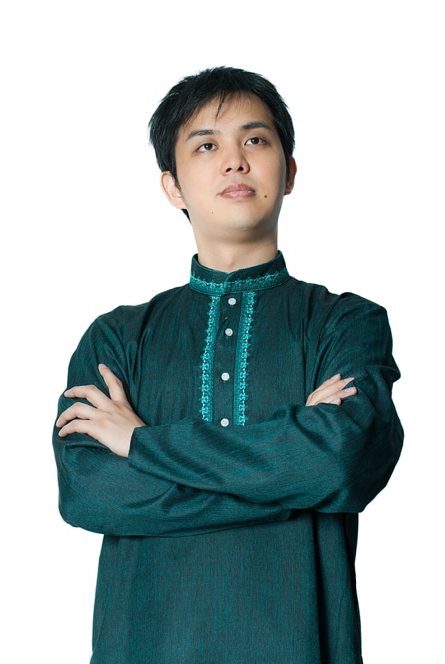 クルタ・パジャマ - ブルーグリーン【シンプルコットン・刺繍付き】 8 - これを着ればあなたもインド人に！