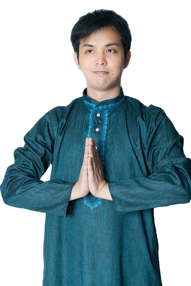 クルタ・パジャマ　青緑【シンプルコットン・刺繍付き】 8 - これを着ればあなたもインド人に！