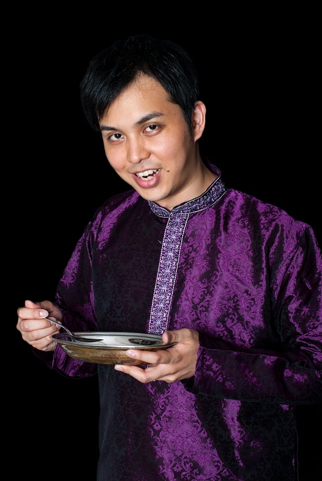 クルタ・パジャマ - パープル（刺繍が三角）【光沢生地】 8 - これを着ればあなたもインド人に！