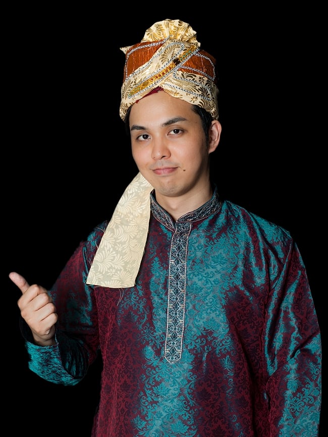 クルタ・パジャマ - グリーンアンド赤紫【光沢生地】 8 - これを着ればあなたもインド人に！