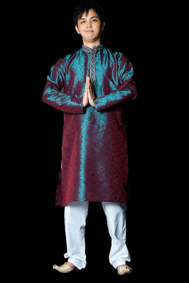 クルタ・パジャマ - グリーンアンド赤紫【光沢生地】の写真クルタパジャマ,Kurta,Pajama,男性,民族衣装