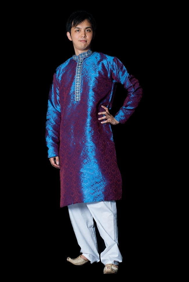クルタ・パジャマ - ブルー【光沢生地】の写真クルタパジャマ,Kurta,Pajama,男性,民族衣装
