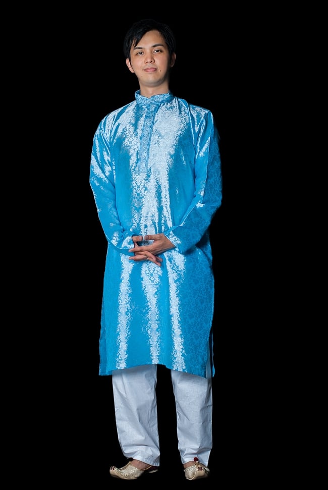 クルタ・パジャマ - ライトブルー【光沢生地】の写真クルタパジャマ,Kurta,Pajama,男性,民族衣装