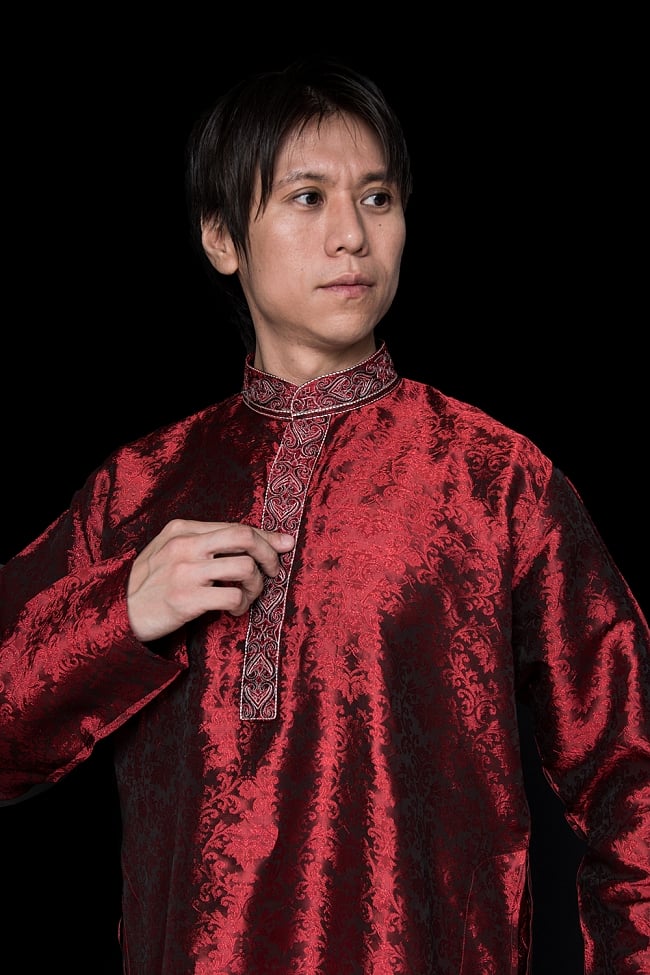 クルタ・パジャマ【光沢生地 ワインレッド】 8 - これを着ればあなたもインド人に！