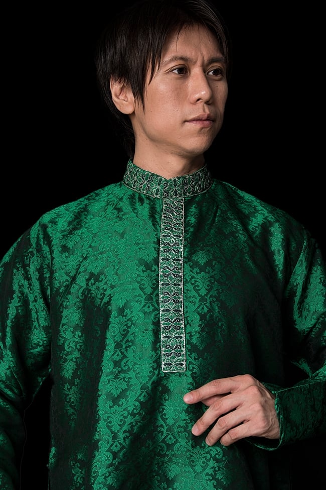 クルタ・パジャマ【光沢生地　グリーン】 8 - これを着ればあなたもインド人に！