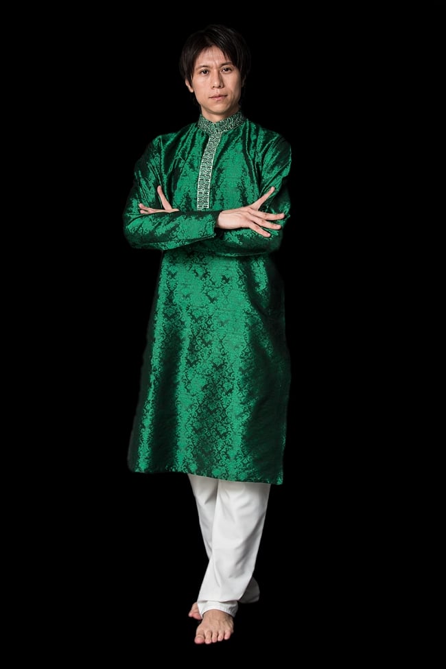 クルタ・パジャマ【光沢生地　グリーン】の写真クルタパジャマ,Kurta,Pajama,男性,民族衣装