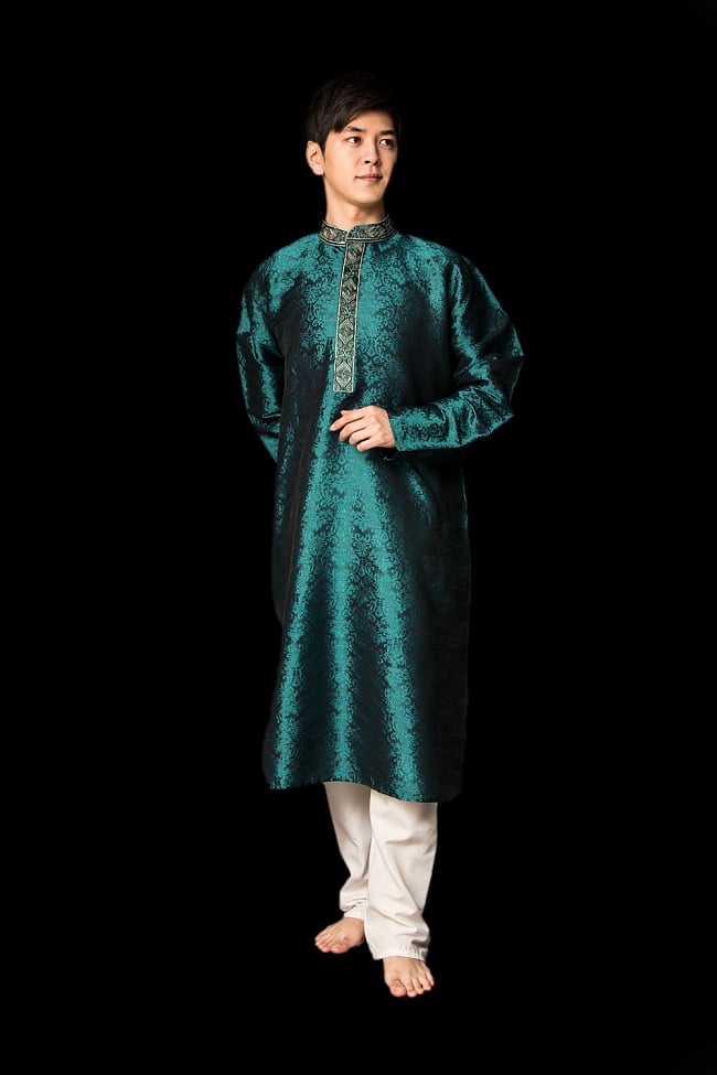 クルタ・パジャマ【光沢生地 ブルー・グリーン】の写真クルタパジャマ,Kurta,Pajama,男性,民族衣装