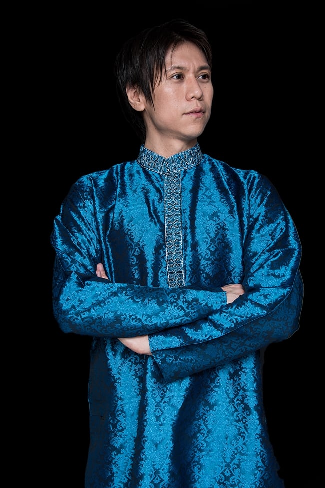 クルタ・パジャマ【光沢生地　ブルー】 8 - これを着ればあなたもインド人に！