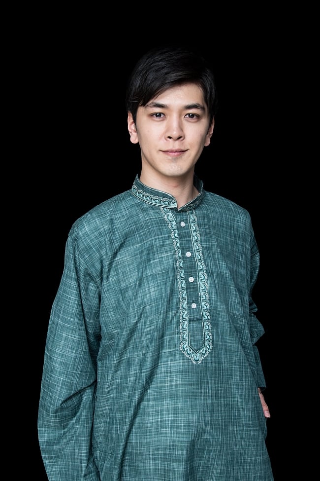 クルタ・パジャマ【コットン生地 青緑 唐草】 8 - これを着ればあなたもインド人に！