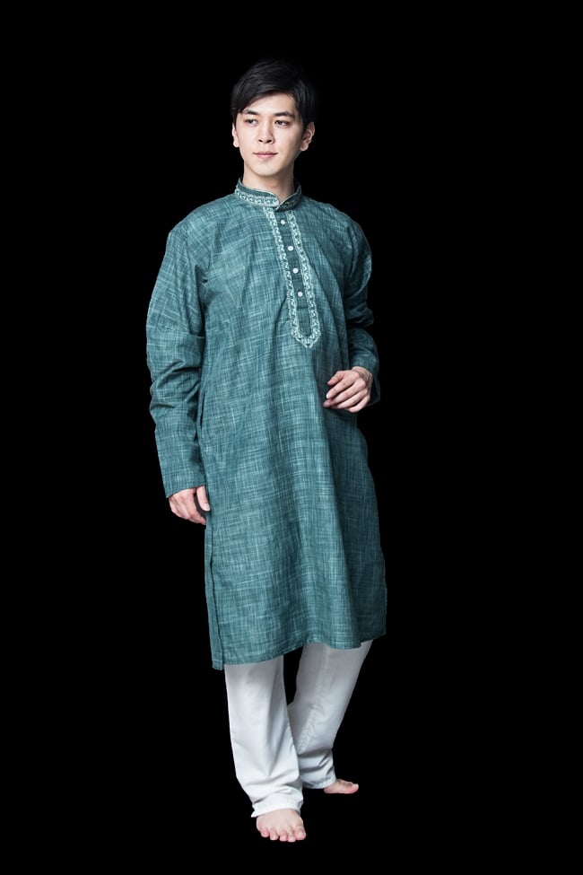 クルタ・パジャマ【コットン生地 青緑 唐草】の写真クルタパジャマ,Kurta,Pajama,男性,民族衣装