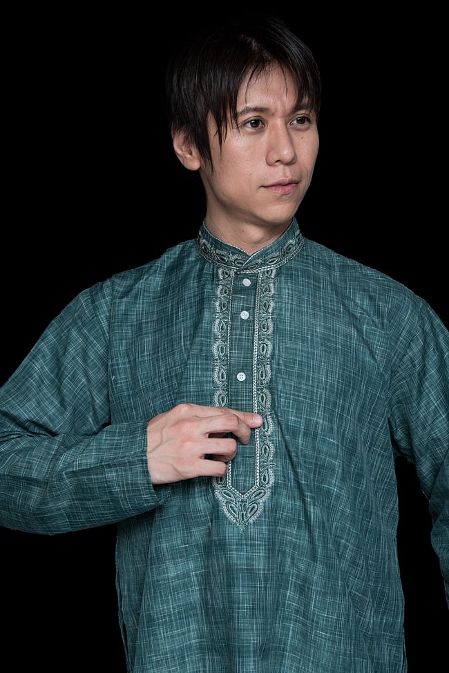 クルタ・パジャマ【コットン生地 青緑 ペイズリー】 8 - これを着ればあなたもインド人に！