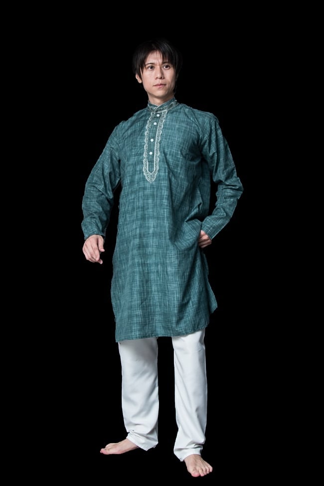 クルタ・パジャマ【コットン生地 青緑 ペイズリー】の写真クルタパジャマ,Kurta,Pajama,男性,民族衣装