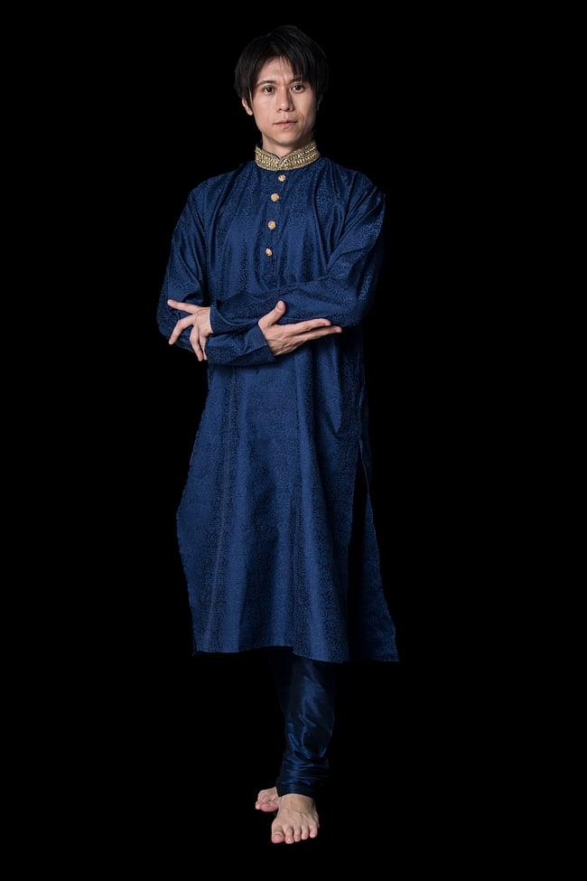 [インド品質・ズボンに色ムラあり]クルタ・パジャマ - ネイビー 42号の写真1枚目です。クルタパジャマ,Kurta,Pajama,男性,民族衣装