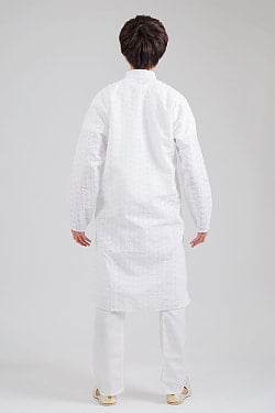 〔各色あり〕ラクノウ風刺繍入り クルタ・パジャマ上下セット　インドの男性民族衣装 - サブ3