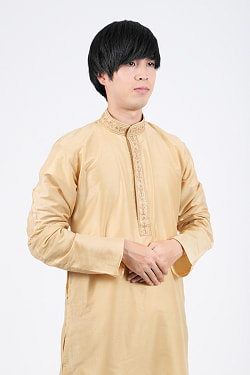 〔各色あり〕比翼仕立て　更紗刺繍入り　クルタ・パジャマ上下セット　インドの男性民族衣装 - サブ4