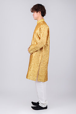 ダマスク織デザイン　光沢感が美しい伝統ブロケード生地　ループボタンのクルタ・パジャマ上下セット　インドの男性民族衣装 - サブ2