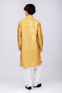 ダマスク織デザイン　光沢感が美しい伝統ブロケード生地　ループボタンのクルタ・パジャマ上下セット　インドの男性民族衣装 - サブ3