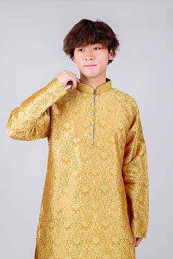 ダマスク織デザイン　光沢感が美しい伝統ブロケード生地　ループボタンのクルタ・パジャマ上下セット　インドの男性民族衣装 - サブ4