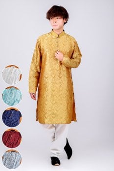 ダマスク織デザイン　光沢感が美しい伝統ブロケード生地　ループボタンのクルタ・パジャマ上下セット　インドの男性民族衣装