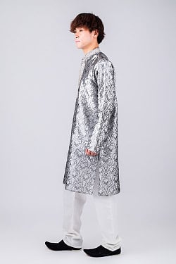 ダマスク織デザイン　光沢感が美しい伝統ブロケード生地　比翼仕立てのクルタ・パジャマ上下セット　インドの男性民族衣装 - サブ2