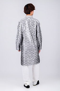 ダマスク織デザイン　光沢感が美しい伝統ブロケード生地　比翼仕立てのクルタ・パジャマ上下セット　インドの男性民族衣装 - サブ3