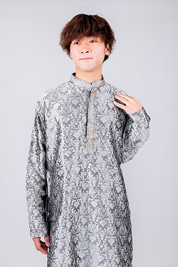 ダマスク織デザイン　光沢感が美しい伝統ブロケード生地　比翼仕立てのクルタ・パジャマ上下セット　インドの男性民族衣装 - サブ4