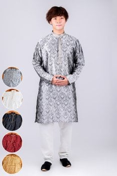 ダマスク織デザイン　光沢感が美しい伝統ブロケード生地　比翼仕立てのクルタ・パジャマ上下セット　インドの男性民族衣装