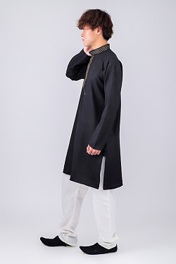 比翼仕立て　シンプルブラック クルタ・パジャマ上下セット　インドの男性民族衣装 - サブ2