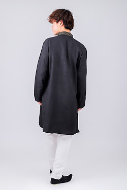 比翼仕立て　シンプルブラック クルタ・パジャマ上下セット　インドの男性民族衣装 - サブ3