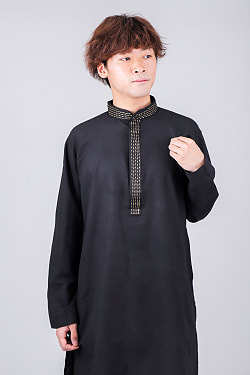 比翼仕立て　シンプルブラック クルタ・パジャマ上下セット　インドの男性民族衣装 - サブ4