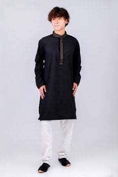 比翼仕立て　シンプルブラック クルタ・パジャマ上下セット　インドの男性民族衣装