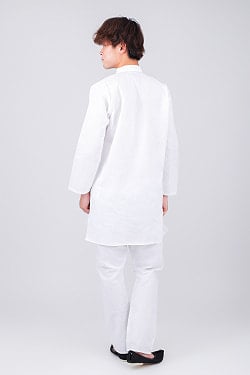 薄手で軽やか　シンプルホワイト クルタ・パジャマ上下セット　ローカル向けの日常仕様　インドの男性民族衣装 - サブ3