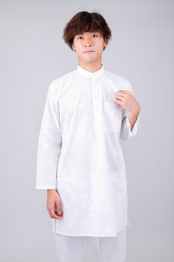 薄手で軽やか　シンプルホワイト クルタ・パジャマ上下セット　ローカル向けの日常仕様　インドの男性民族衣装 - サブ4