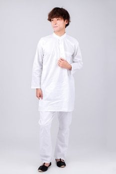 薄手で軽やか　シンプルホワイト クルタ・パジャマ上下セット　ローカル向けの日常仕様　インドの男性民族衣装(KRT-PJM-493)