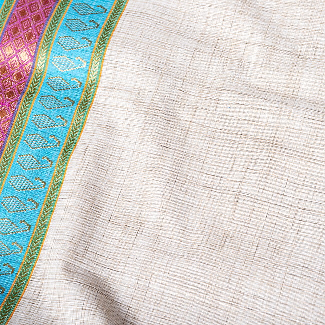〔1m切り売り〕南インドのハーフボーダーコットンクロス〔幅約111cm〕 - 水色・マゼンタ系刺繍 2 - とても素敵な雰囲気です