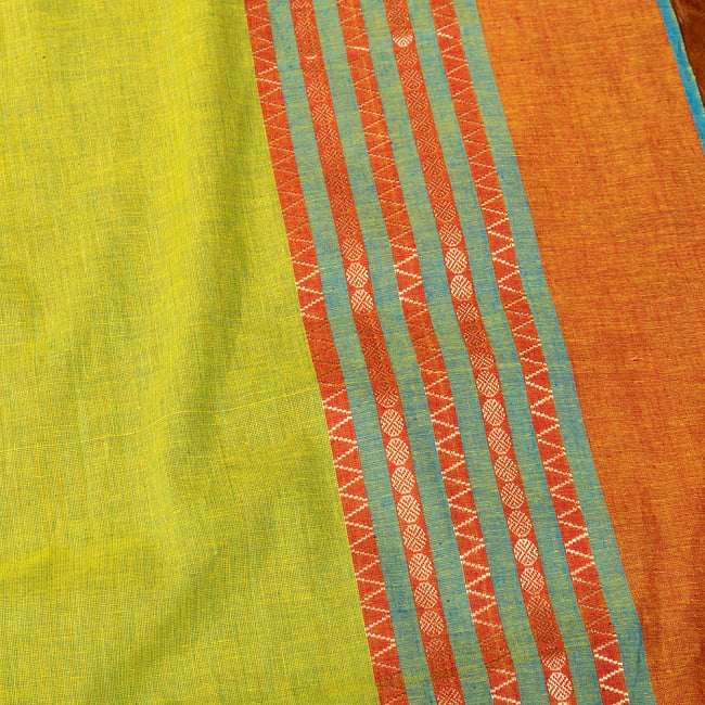 南インドのハーフボーダー・シンプル・コットン布〔幅約108.5cm〕 - オレンジ×緑 3 - 1mの長さごとにご購入いただけます。