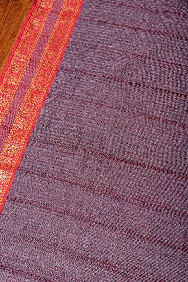 南インドのハーフボーダー・シンプル・コットン布〔幅約110cm〕 - 小豆色系 2 - とても素敵な雰囲気です