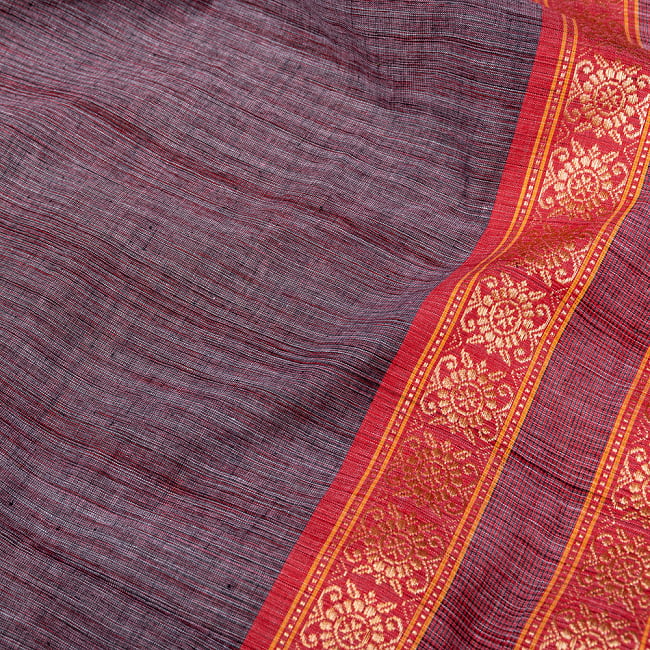 南インドのハーフボーダー・シンプル・コットン布〔幅約110cm〕 - 小豆色系 3 - 1mの長さごとにご購入いただけます。
