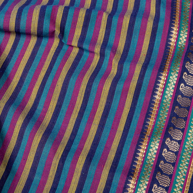 南インドのハーフボーダー・シンプル・ストライプコットン布〔幅約110cm〕 - 寒色系 3 - 1mの長さごとにご購入いただけます。