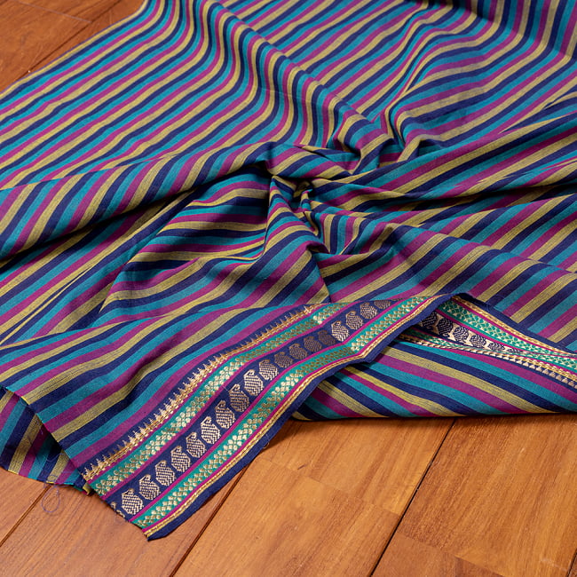 南インドのハーフボーダー・シンプル・ストライプコットン布〔幅約110cm〕 - 寒色系の写真切り売り,量り売り布,アジア布 量り売り,手芸,裁縫,生地,アジアン,ファブリック,ブロケード