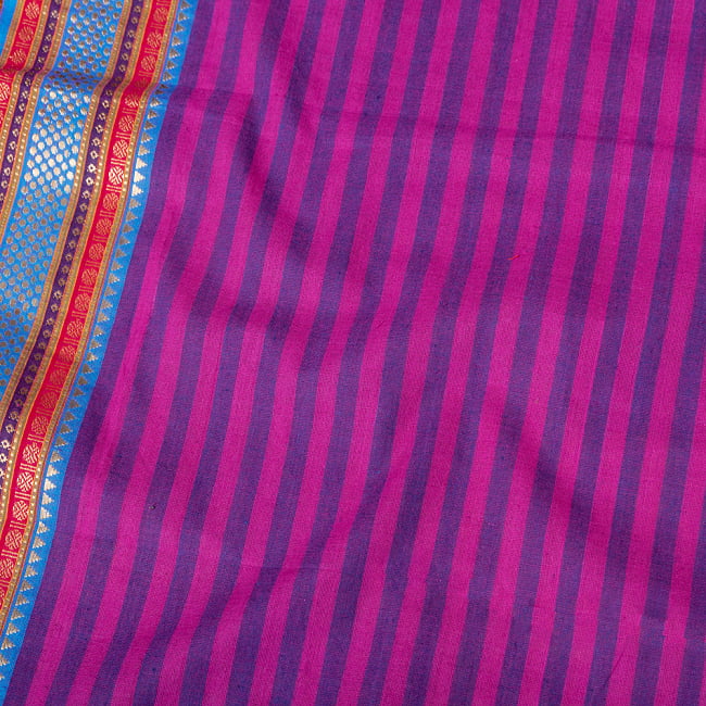 〔1m切り売り〕南インドのハーフボーダー　ストライプコットンクロス〔幅約105cm〕 - パープル系 4 - インドならではの布ですね。