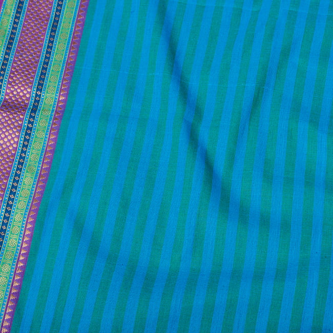 〔1m切り売り〕南インドのハーフボーダー　ストライプコットンクロス〔幅約106cm〕 - ブルー系 4 - インドならではの布ですね。