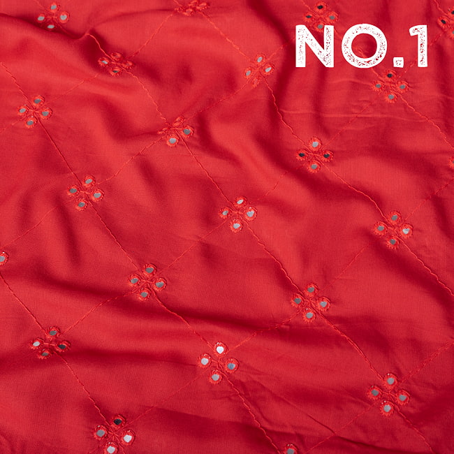 〔1m切り売り〕〔各色あり〕インドの伝統模様布 ミラーワーク系ファブリック〔幅約111cm〕 9 - No.1　レッド
