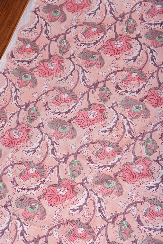 〔1m切り売り〕ジャイプル　職人手作り　色彩豊かなボタニカルデザイン　おしゃれ　生地　花柄　テーブルクロス　刺繍素材などへ〔幅約110cm〕 - ピンク系 3 - 1mの長さごとにご購入いただけます。