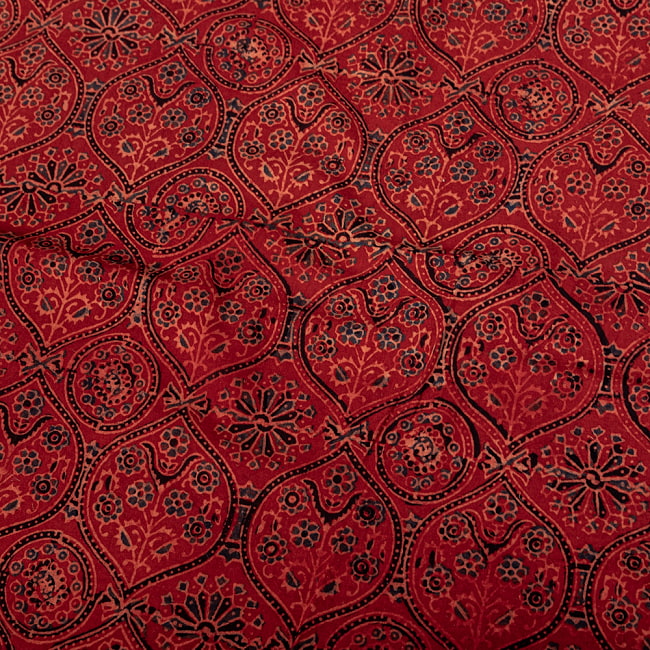〔1m切り売り〕アジュラックプール村からやってきた　昔ながらの木版染めアジュラックデザインの伝統模様布〔幅約113cm〕 - 赤系 4 - インドならではの布ですね。