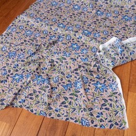 〔1m単位切り売り〕ジャイプル 職人手作り木版染め 色彩美しいボタニカルデザイン おしゃれ 生地 花柄 テーブルクロス 刺繍素材などへ〔約110cm〕(MB-RSCLTH-1382)