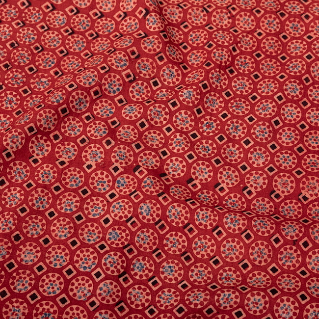 〔1m切り売り〕アジュラックプール村からやってきた　昔ながらの木版染めアジュラックデザイン布〔約113cm〕 - レッド系 4 - インドならではの布ですね。